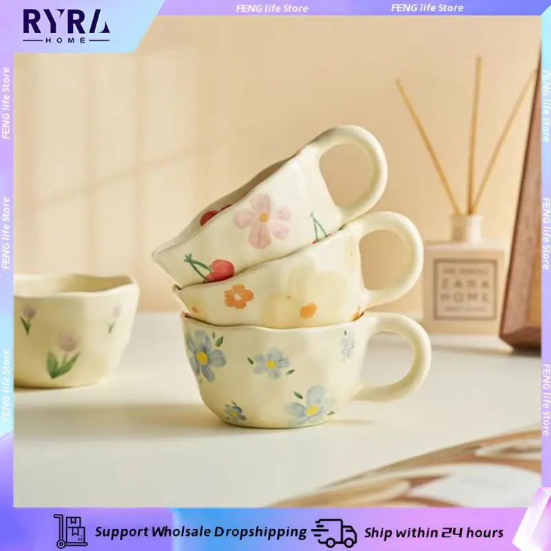 

Ceramic Mugs Hand Pinched Irregular Flower Milk Juice Tea Cup Korean Style Breakfast Mug Wine Cocktail Tumbler Kitchen Drinkware