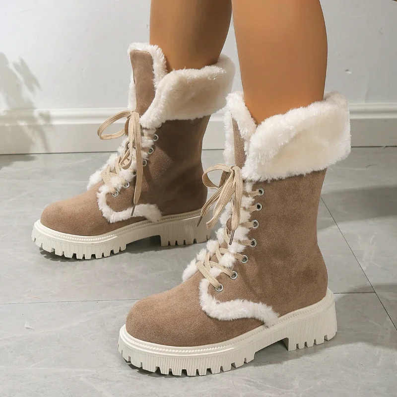 

2023 New Cold Winter Snow Boots Shoes For Women Mid-Calf Trendy Flock Fur Mid-Calf Boots Wedges Women Shoes Comfy Warm Boots