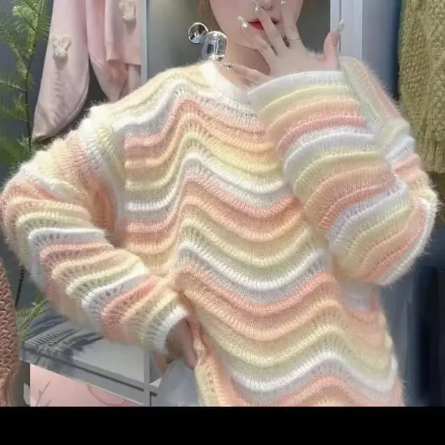 

2023 Autumn Winter Rainbow Striped Sweater Coat Women's Mid-length Comfortable Loose Color Matching Knitted Pullover Trend