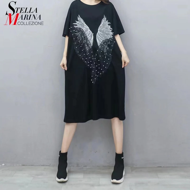 

Новинка, корейский стиль, прямой свободный крой, большой размер, черная футболка средней длины, платье, нашивки крылья, уникальный праздник, ...