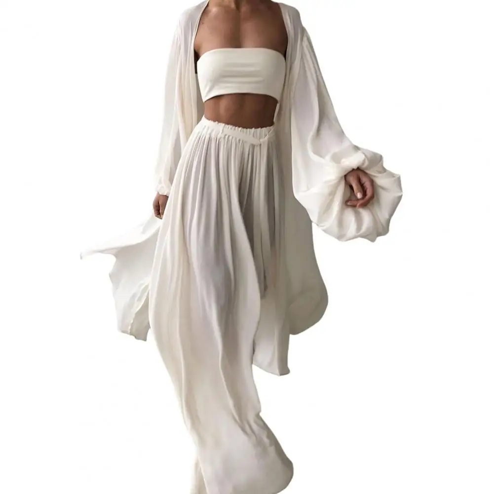 

3 Pcs/Set Fabulous Sleeveless Vest Top Trousers Coat Suit Soft Lantern Sleeves Wide Leg Women Autumn Suit Waist-exposed