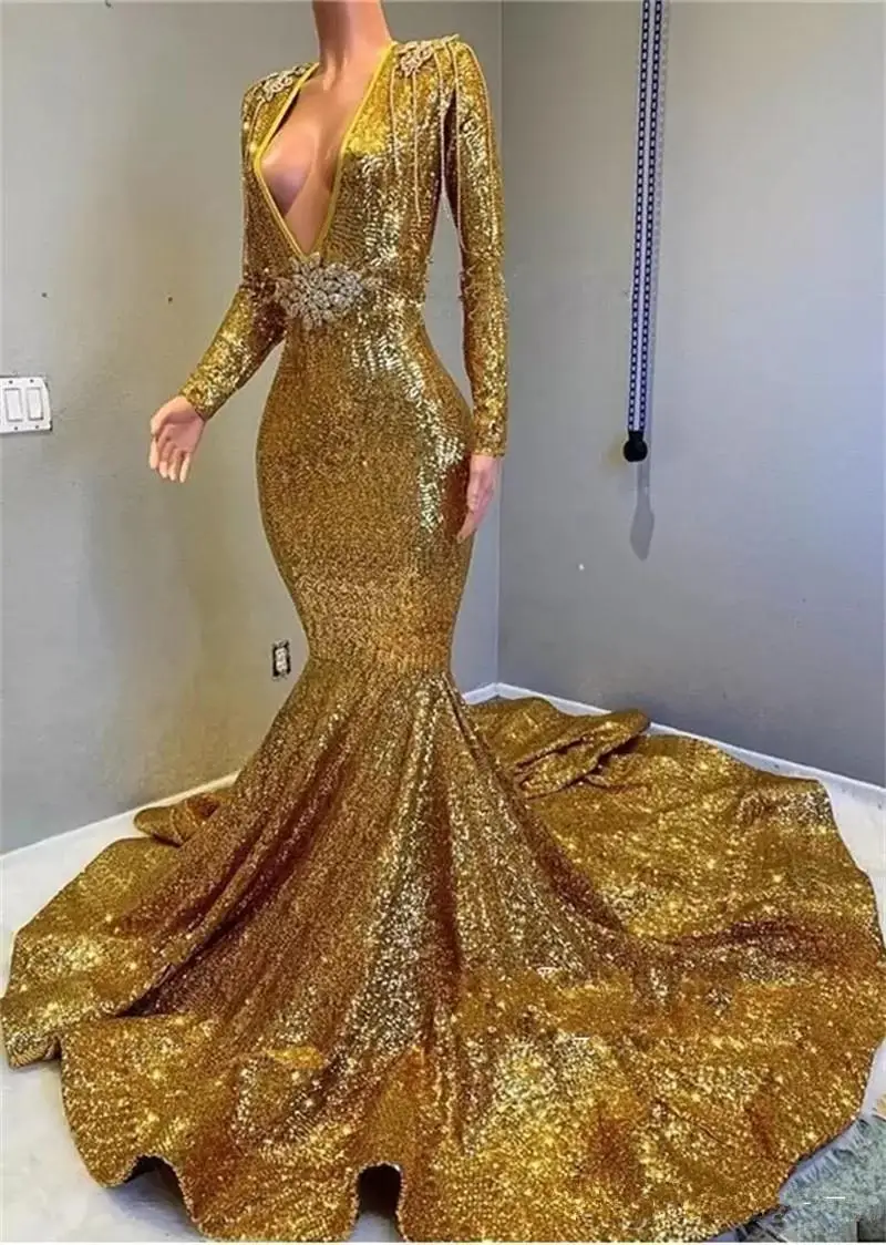 

Золотистое платье-Русалка для выпускного вечера с глубоким V-образным вырезом и длинными рукавами, вечерняя одежда с кристаллами и бусинами...
