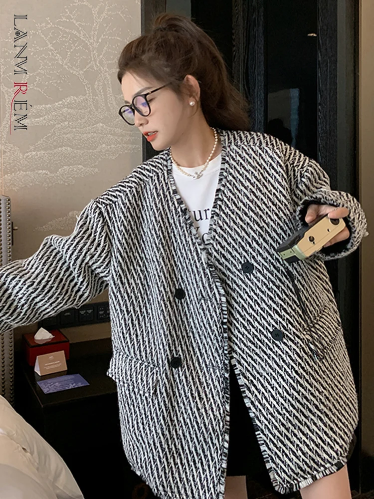 

LANMREM Женская Клетчатая Шерстяная Куртка женское однобортное пальто с v-образным вырезом в Корейском стиле 2023 осенне-зимняя новая одежда 2AA2354