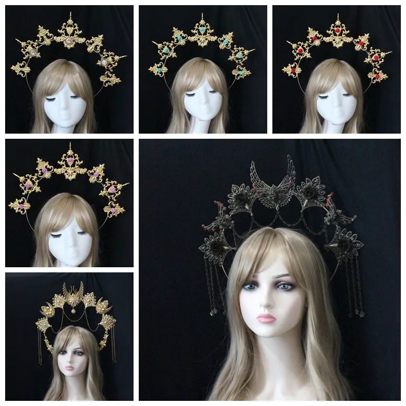 DIY Gothic Lolita Tiara Crown Headwear Accessories Headband DIY Vintage Sun Goddess Baroque Halo Headpiece Parts Halloween Decor