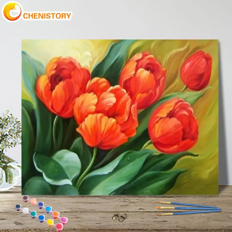 

CHENISTORY Frame Painting By Numbers Red Tulip Drawing On Canvas Handicraft Gift Diy Picture By Number Flowers Kits Home Decor