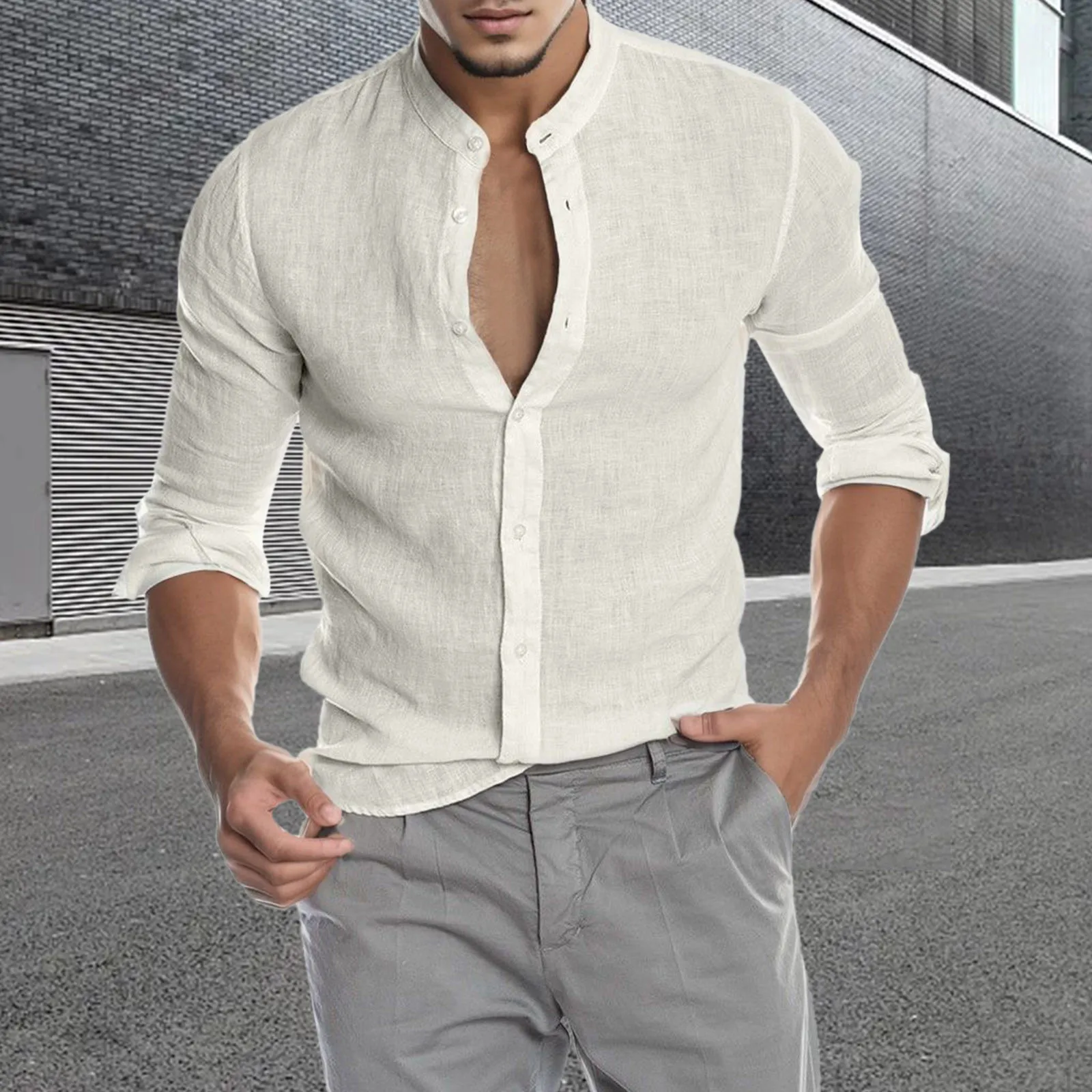 

Summer Men'S Cotton Linen Shirt Topslongsleeve Button Solid Color Shirt Vacation Travel Work Style Male Breathable Slim Shirts