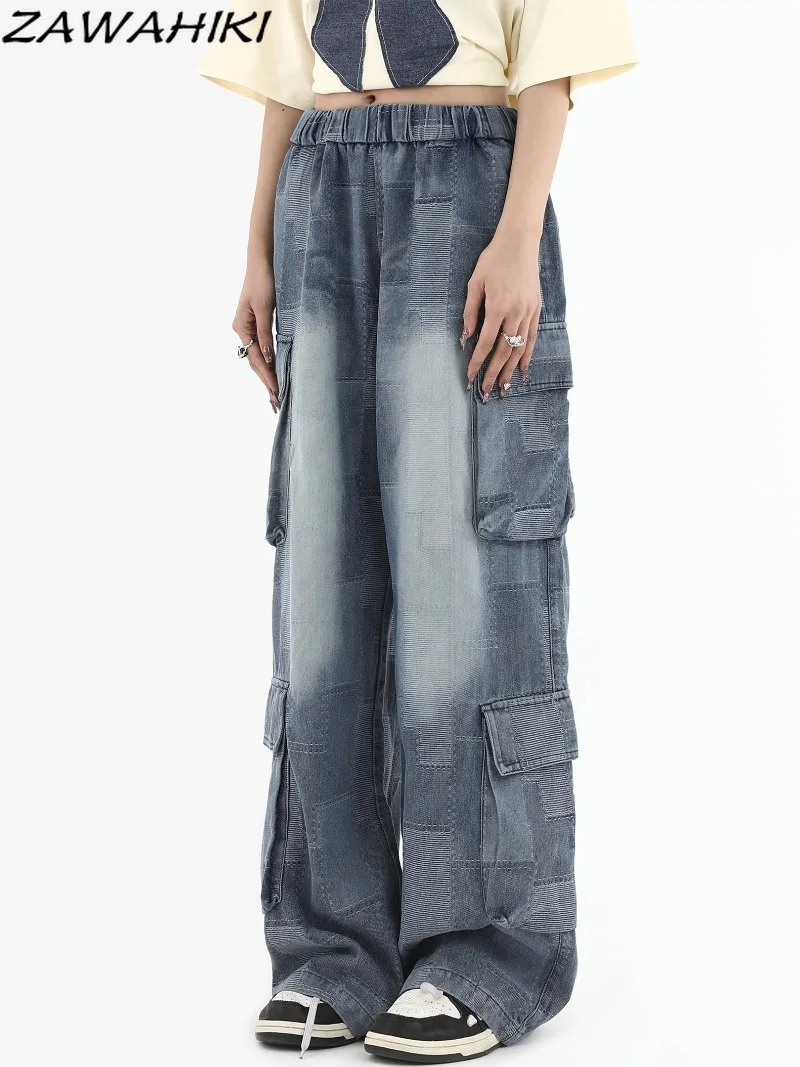 

american fashion lovers plaid multiple pockets cargo pants loose washed casual vintage straight streetwear chic denim pants