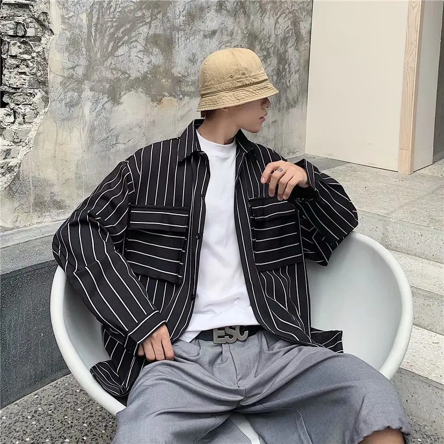 2022 Spring New Hong Kong Style Retro Striped Shirt Slim Long-sleeved Shirt Loose Ruffian Handsome Wild Shirt Jacket Streetwear