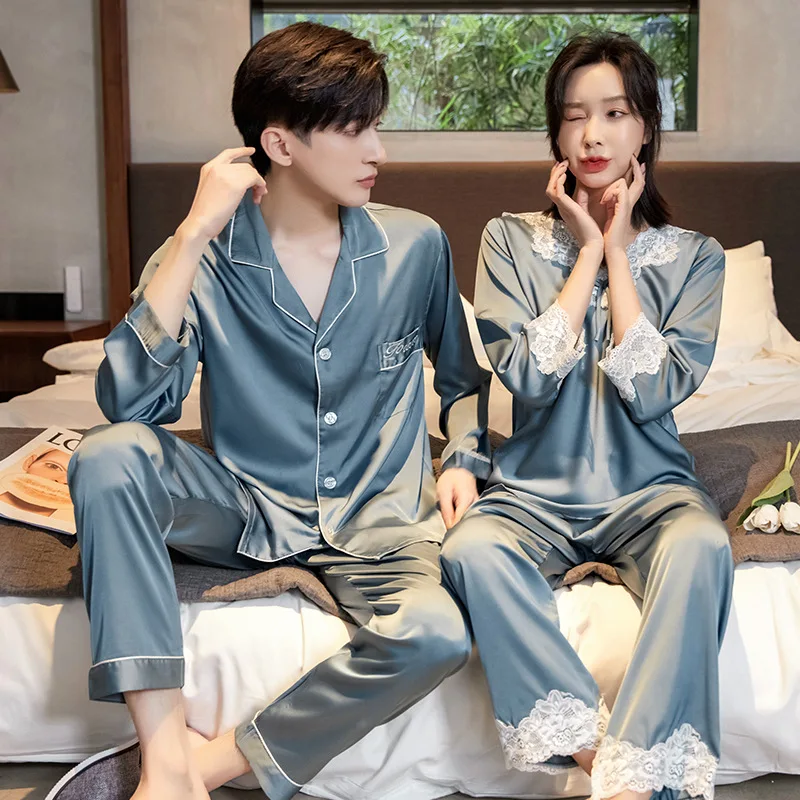 New Couple Pajamas Satin Chiffon Silk Men's Cardigan Women's Pullover Home Furnishing Long Sleeve Korean Edition Solid Color Set