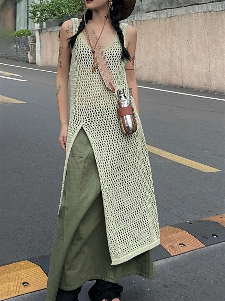 

TARUXY Fashion Sleeveless Maxi Dress Overalls For Women Summer Harajuku Side-slit Hollow Out Dresses Holiday Beachwear Vestidos