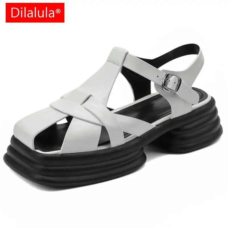 

Dilalula 2022 Summer Women Sandals Square Toe Platforms Chunk Heels Retro Hollow Patent Leather Pumps Working Casual Shoes Woman
