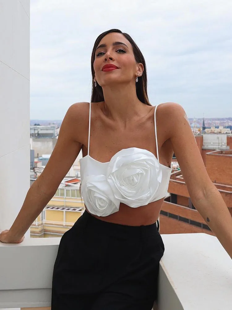 

Elegant White Rose Backless Women's Crop Top 2022 New Summer Sexy Spaghetti Strap Tank Tops Fashion Casual Cami Sleeveless Top