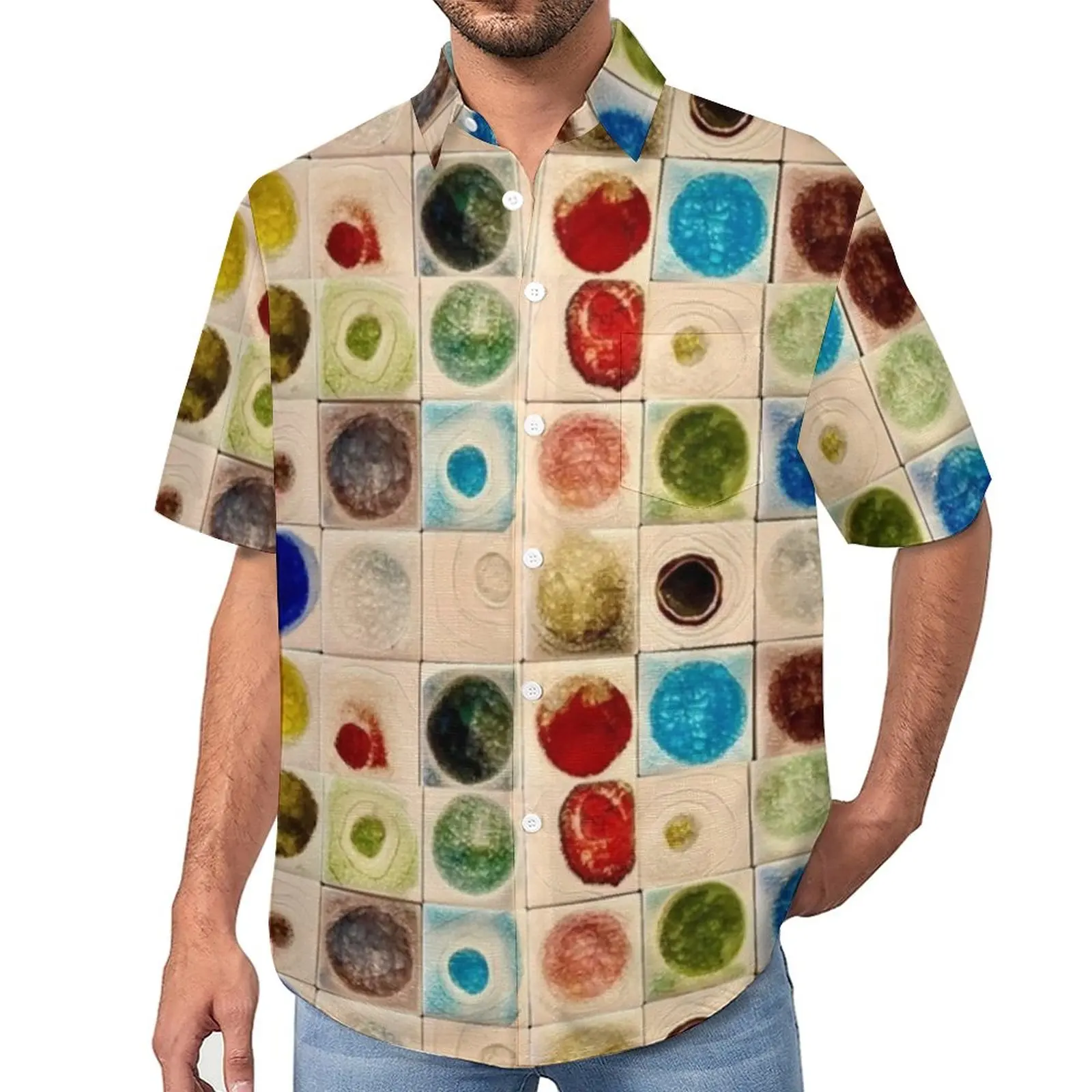 

Glass Beads Print Loose Shirt Male Vacation Ceramic Tile Pirnt Casual Shirts Hawaiian Custom Short Sleeve Cool Oversized Blouses