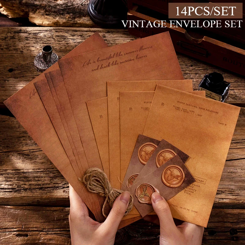 

New 14Pcs Retro Kraft Letter Paper Envelope Set Nostalgic Fire Paint Sticker Premium Envelope Festival Supplies Art Envelope