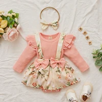 2022 autumn infant baby girls skirt set solid ruffle long sleeve romper floral strap bowknot flower print skirt suit