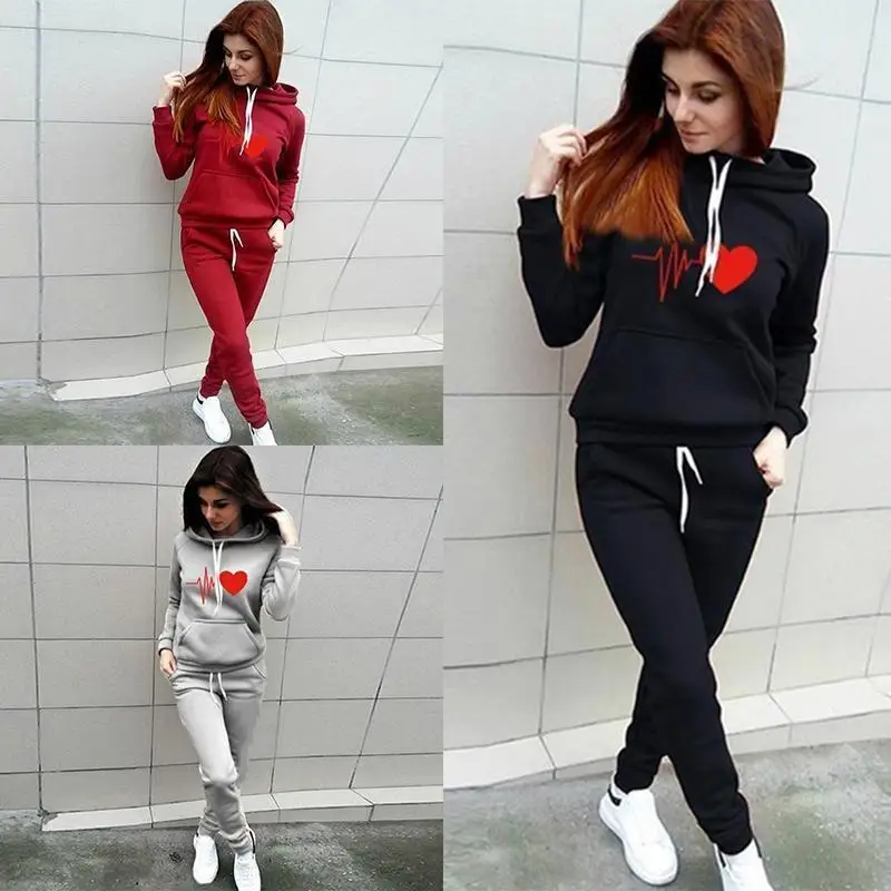 Women Autumn Winter 2 Piece Set Tracksuit Sportwear Fleece Hoodies Pullover Sweatshirts Baggy Trousers Jogger Pants Warm Outfits