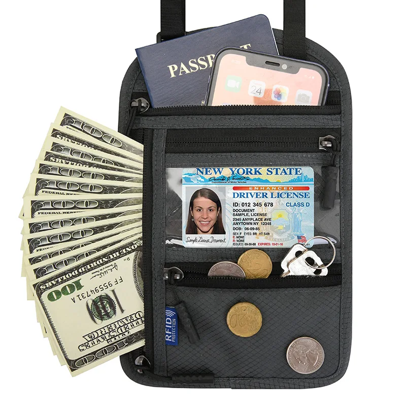 Multi-functional neck passport bag RFID cross-body one-shoulder storage bag overseas ticket certificate cover