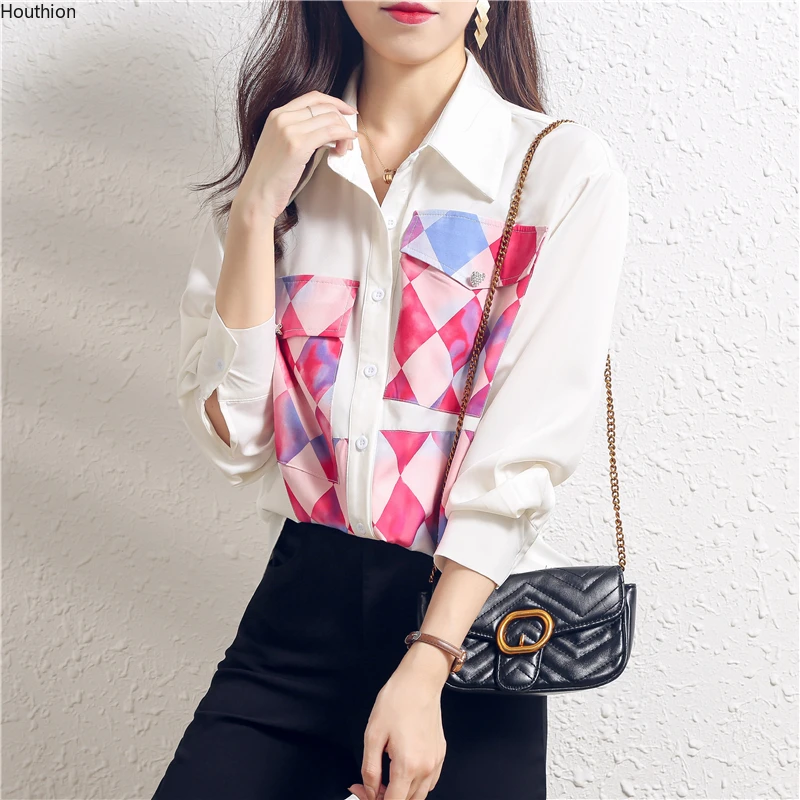 

Summer Autumn Women's Blouses New Long Sleeve Top Polo Shirt Splicing Fashion Casual Loose Lattice Chiffon Houthion