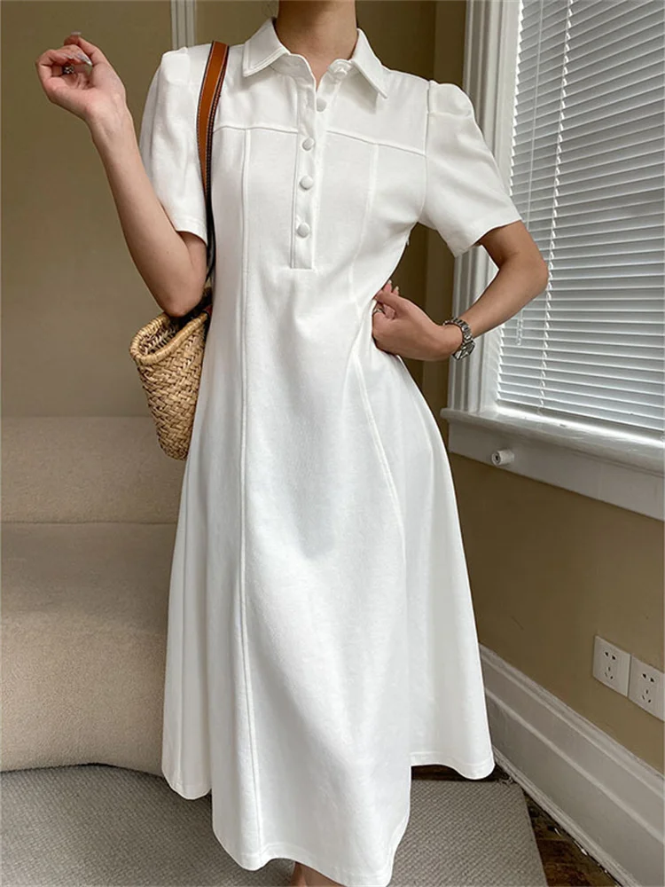 

Женское однобортное платье с отложным воротником, повседневное однотонное платье до середины икры с коротким рукавом и поясом, Новинка лета 2023