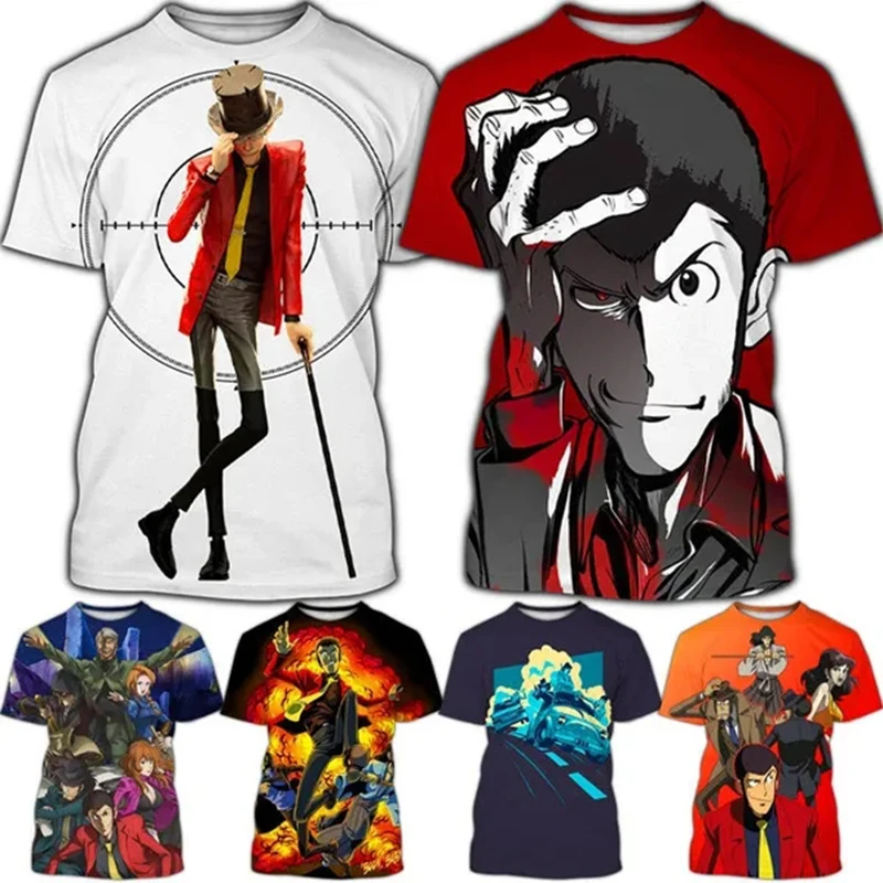 Футболка Lupin с тремя героями мультфильмов, мужские футболки в стиле Харадзюку С 3D-принтом аниме, модные детские топы y2k, мужская повседневная женская одежда