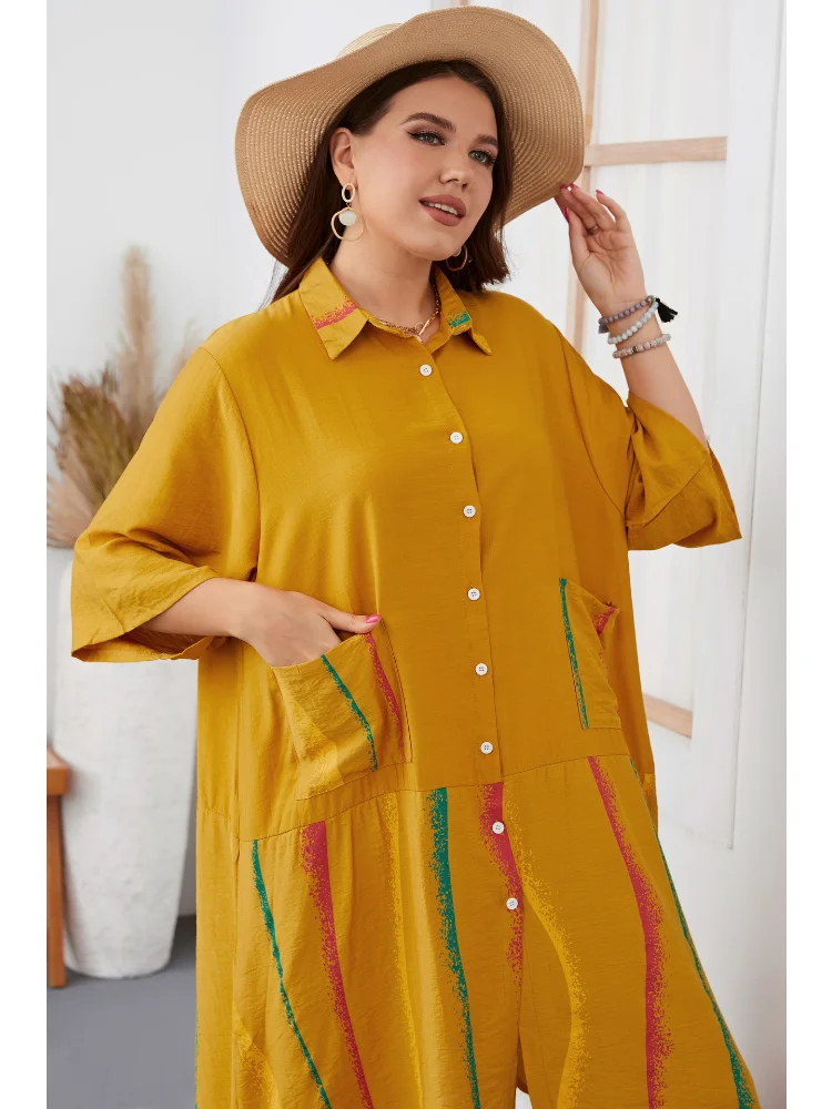 Black European temperament commuter solid color woven lapels women's large size half sleeve dress plus size dresses