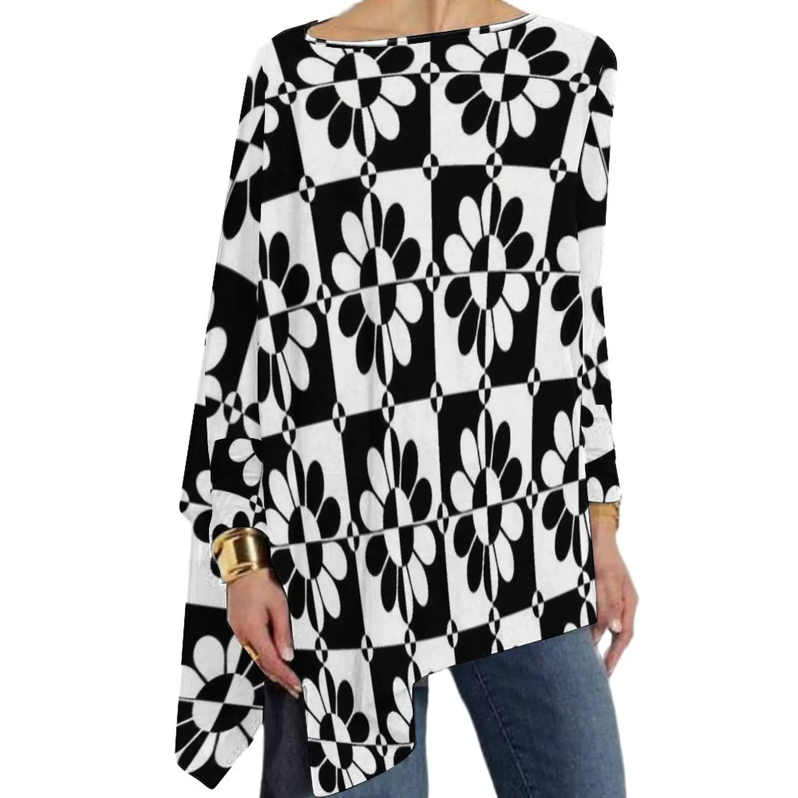 

Черно-белая двухцветная футболка с цветочным принтом, милые футболки с длинным рукавом, Повседневная футболка, женская дизайнерская одежда, подарок на день рождения