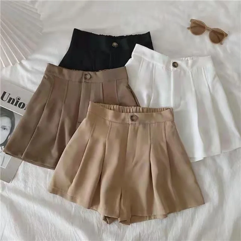 Summer Korean Fashion Shorts Women Simple Button Solid Color Folds High Waist Shorts Student Style Female Clothing Shorts y2k