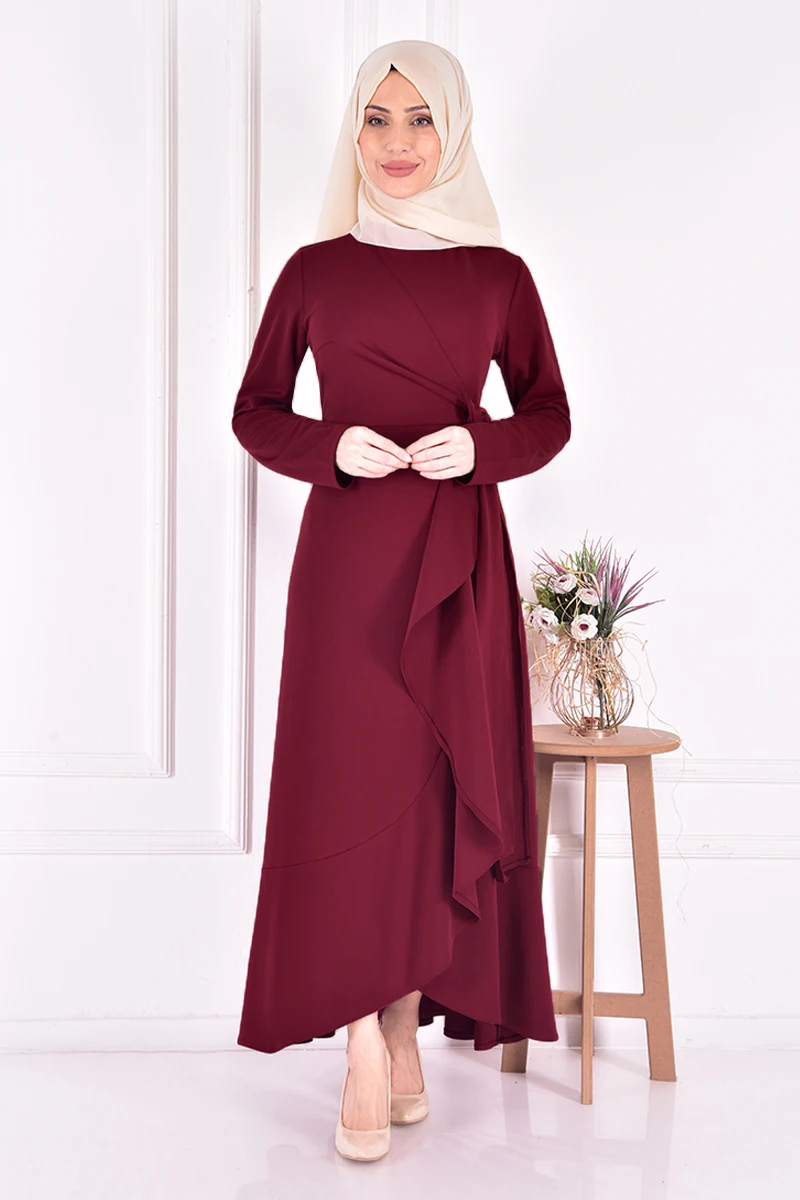 Платье с поясом, Бордовое платье для женщин, турбаны для женщин, съемная женская Абая, платье, мусульманское женское платье KBR70302