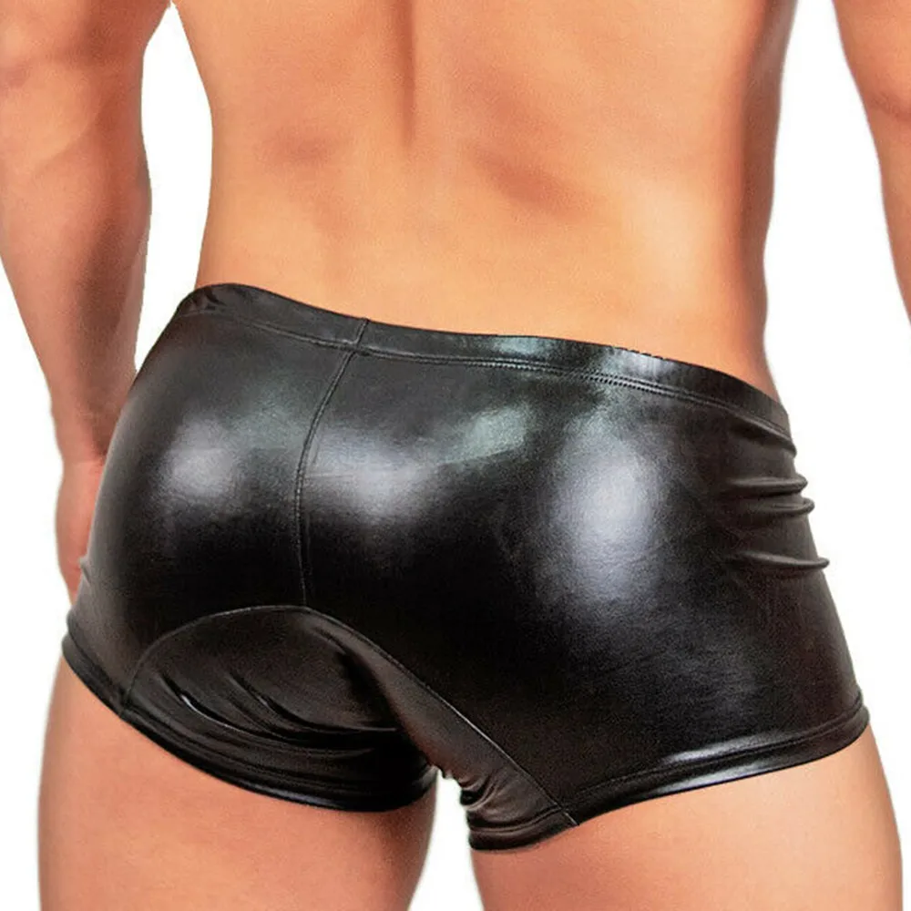 

Sexy Gay Men Underwear Boxer Briefs Trunk Metal Tight Bandage Leather Underpant Ocks Tanga Underwear Shorts Exotic T-back 2021