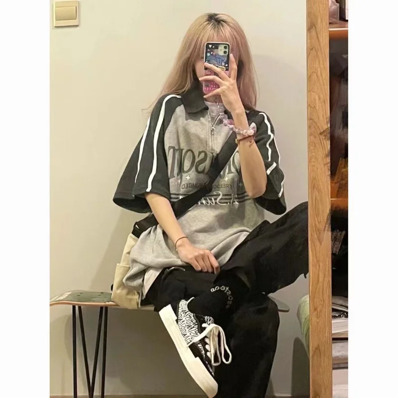 

Женское летнее хлопковое поло с отложным воротником, свободного покроя