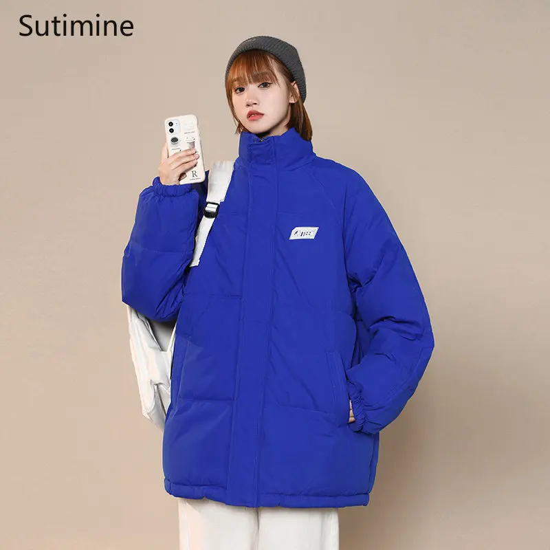 Winter Coat for Women Office Lady Black Solid Winter Loose Thickened Stand Collar Cotton Padded Jacket Zipper Winter Coat Women