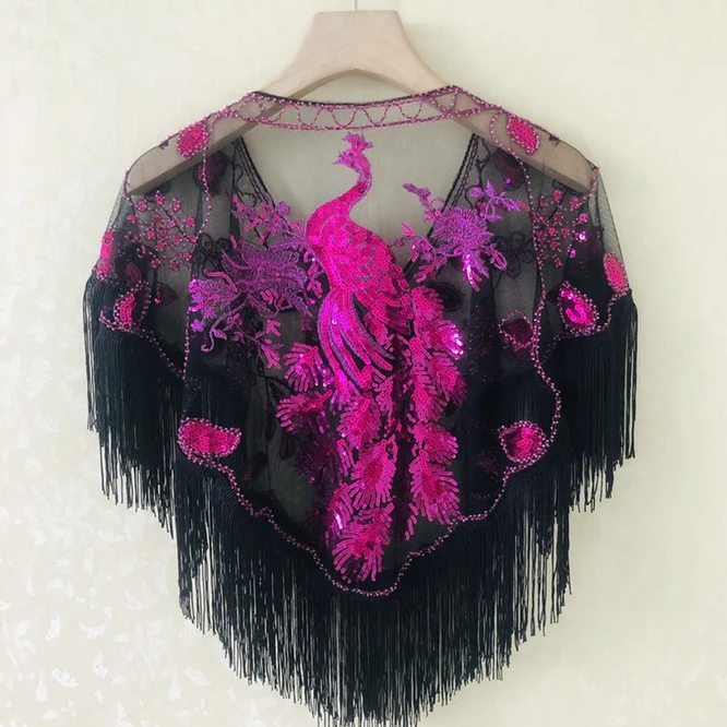 Chinese Phoenix Tassel Sequin Spring Summer Women's Sequins With Shawl  Mesh Cloak Girl Versatile Sunscreen  Lace Rose Red