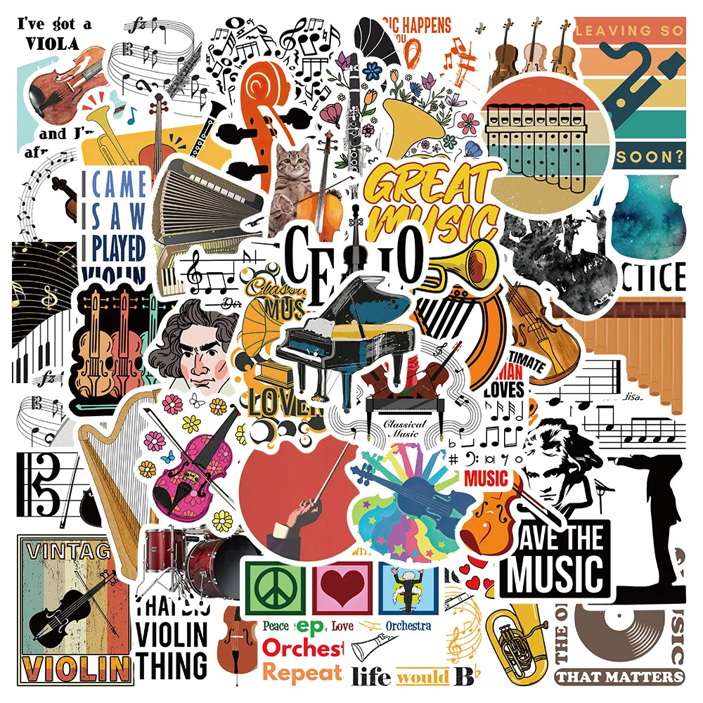 

52PCS Classical Orchestra PVC Sticky Graffiti Sticker Phone Aesthetic Decoraction Scrapbooking Accessories Child Sticker Flakes