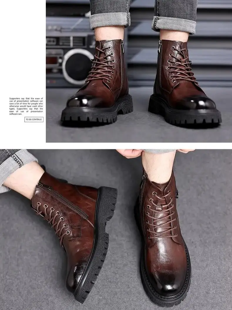 

Мужские кожаные ботинки на толстой нескользящей подошве, с высоким берцем