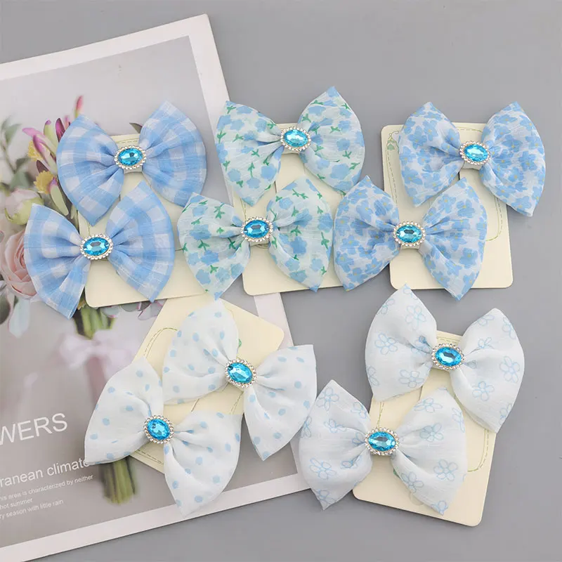 

Новинка весна-лето 2023, новые синие детские заколки для волос с бантом, шифоновые аксессуары для волос в клетку, головные уборы для дочери, по...