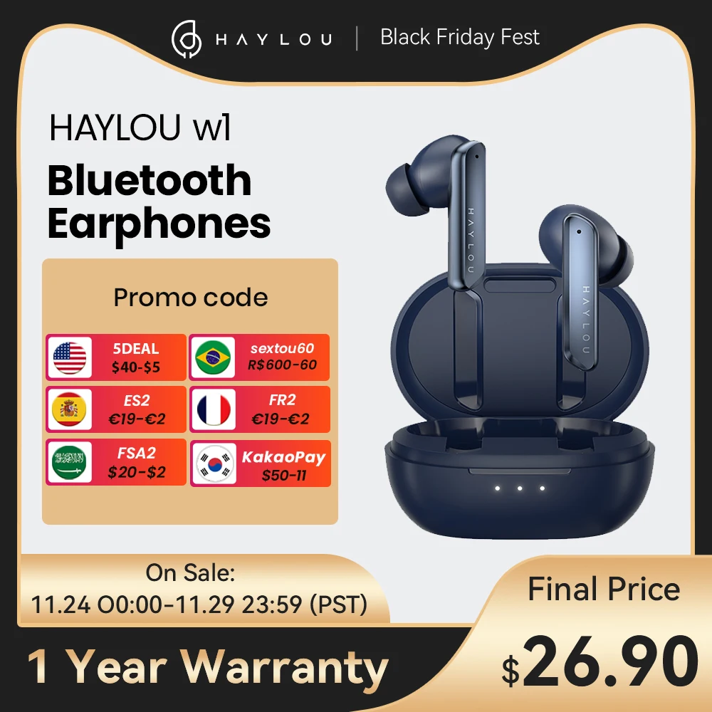 HAYLOU-auriculares X1 / W1 con Bluetooth 5,2, 35dB Dual de cascos con cancelación de ruido, auriculares con pantalla de alimentación HD de seis micrófonos, resistentes al agua