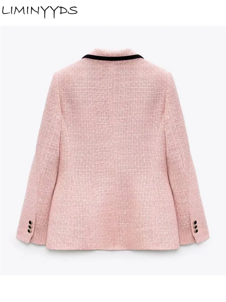 2023  New Women Fashion Double Breasted Tweed Blazer Coat Vintage Long Sleeve Pockets Female Outerwear Chic Jacket