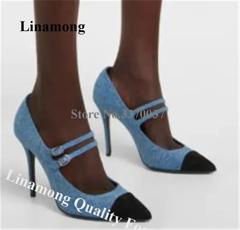

Black Blue Denim Patchwork Pumps Linamong Fashion Poinetd Toe Stiletto Heel Dress Shoes Ankle Straps Jean High Heels Big Size