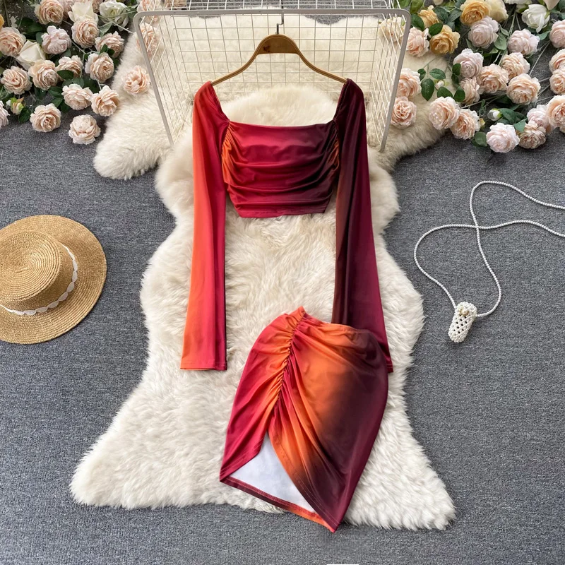 

Spring Skirt Sets for Women Gradient Dye Tie Long Sleeve Shirring Short Tops + Bodycon Draped Lerrgular Mini Dress Female Suit
