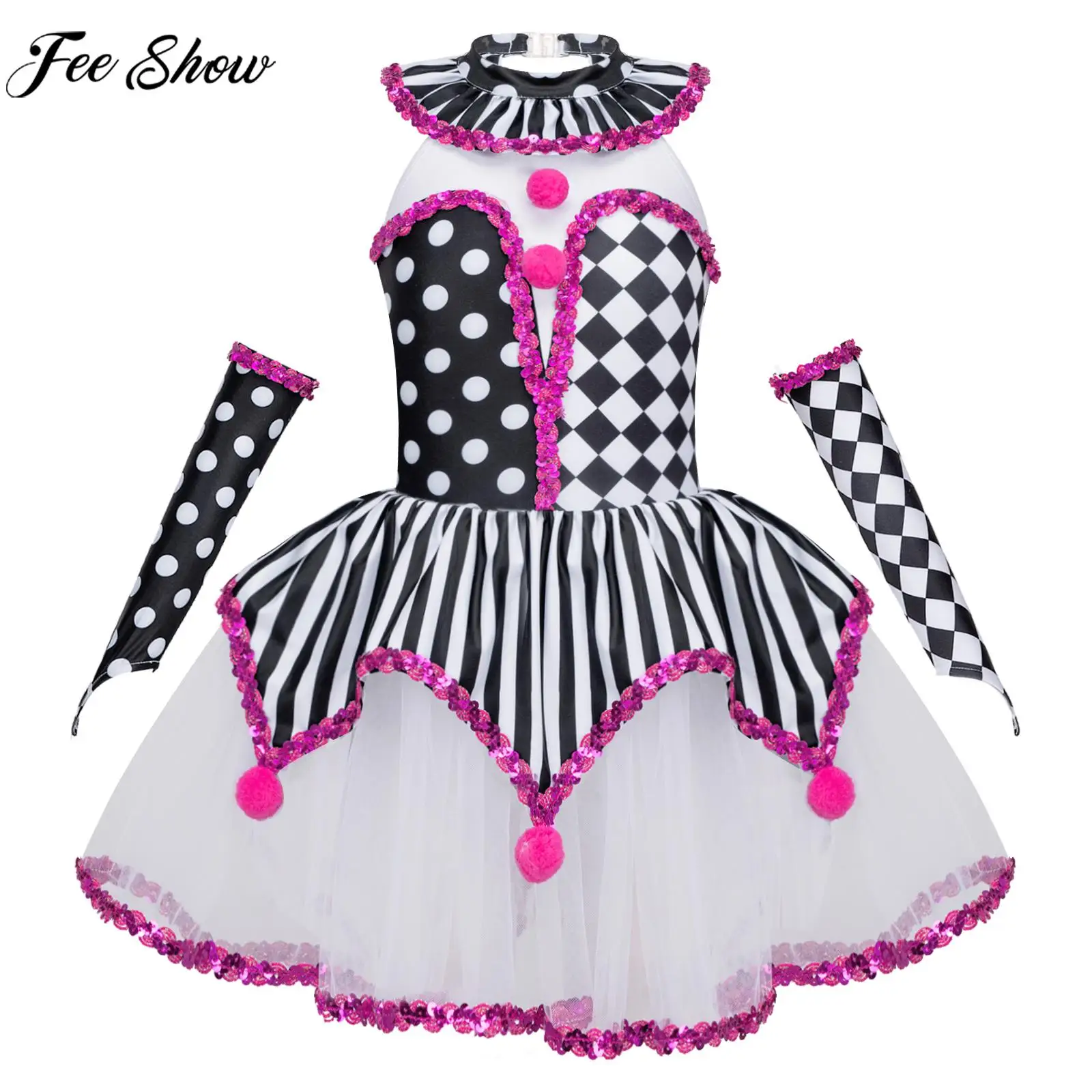 

Kids Girls Halloween Circus Clown Cosplay Dress Sleeveless Mesh Tutu Theme Party Carnival Role Play Stage Performance Costume