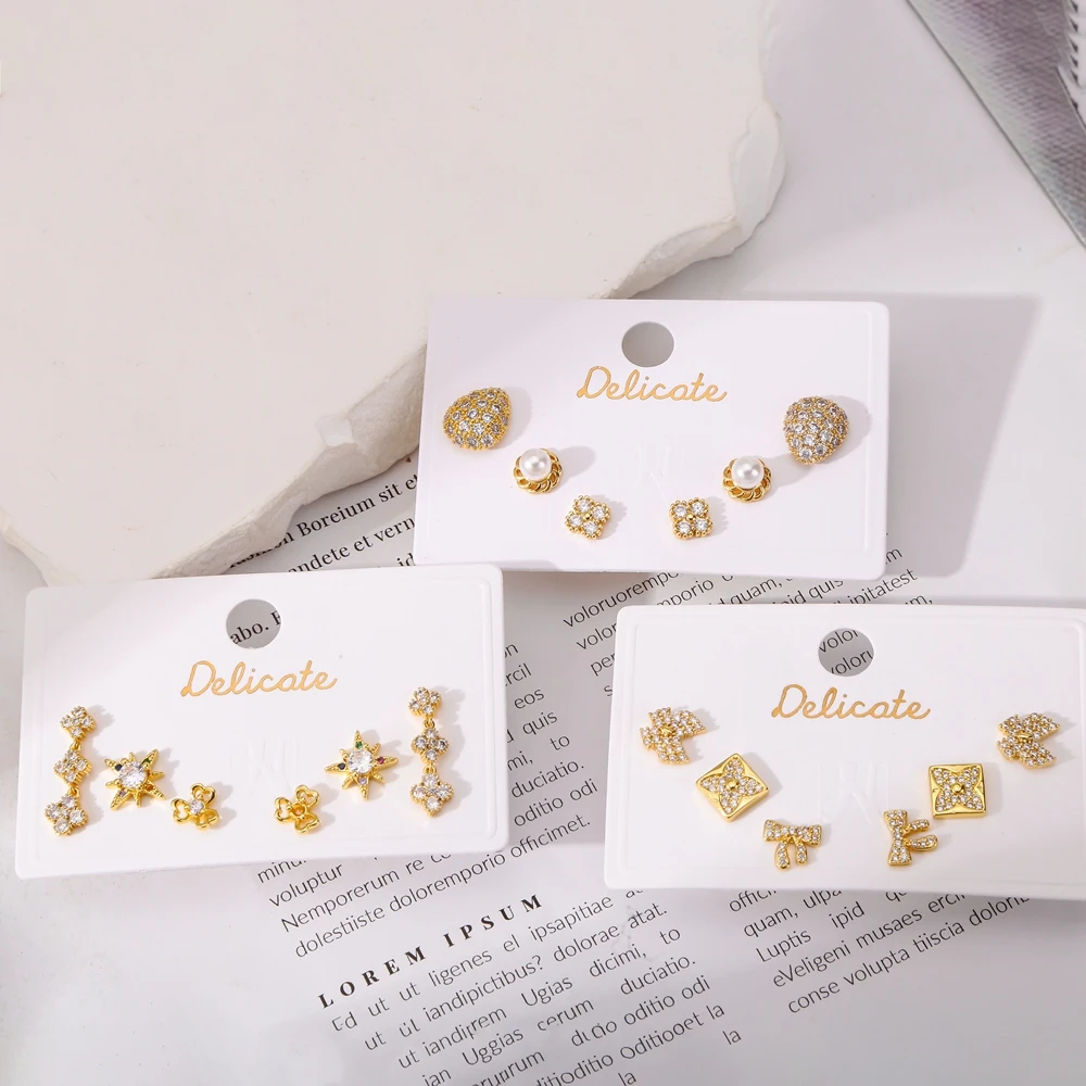 3 пары/комплект женские серьги-гвоздики с фианитами