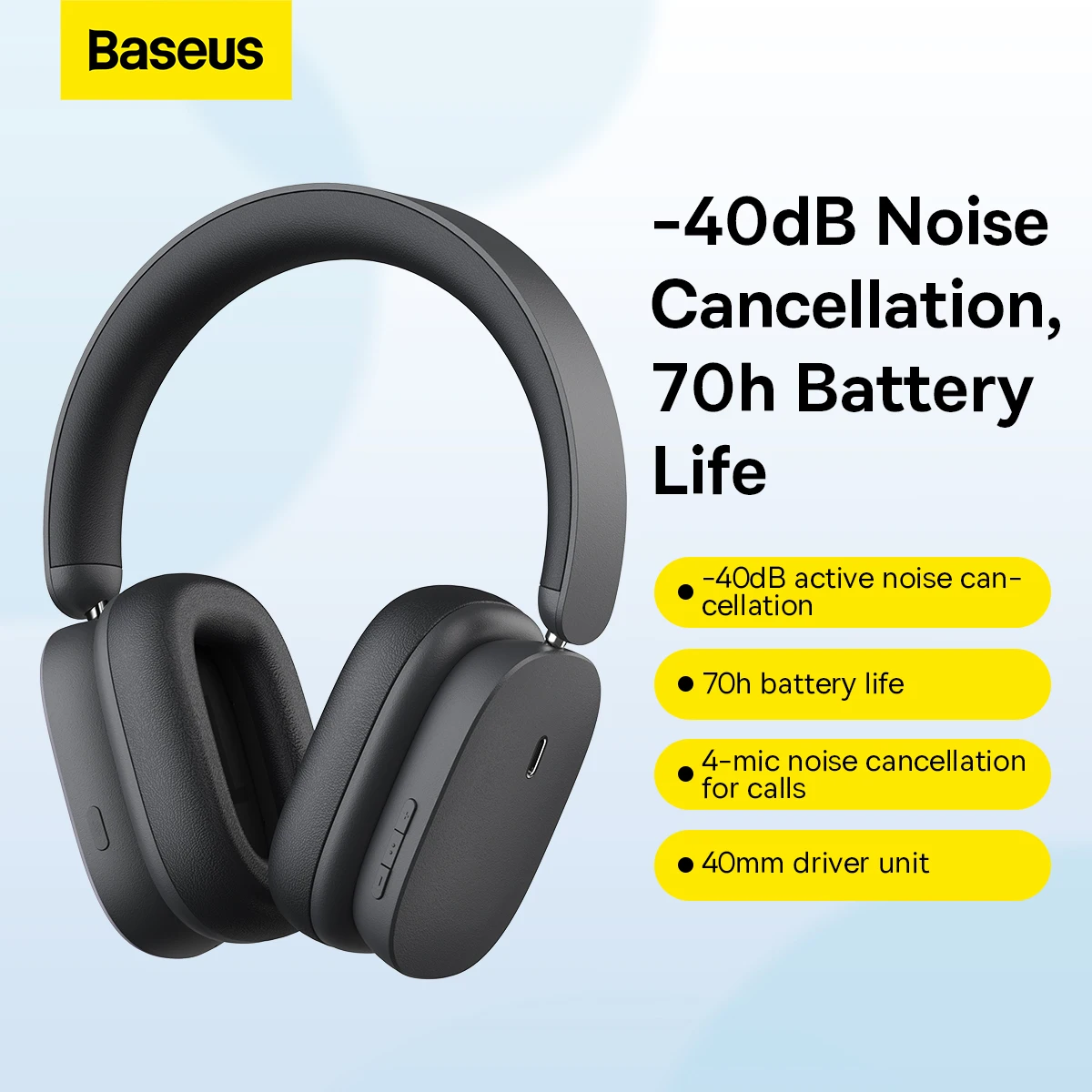 Baseus H1 Wireless Headphones Hybrid 40dB ANC 4-mics ENC Earphone Bluetooth 5.2 40mm Driver HiFi Over the Ear Headsets 70H Time enlarge