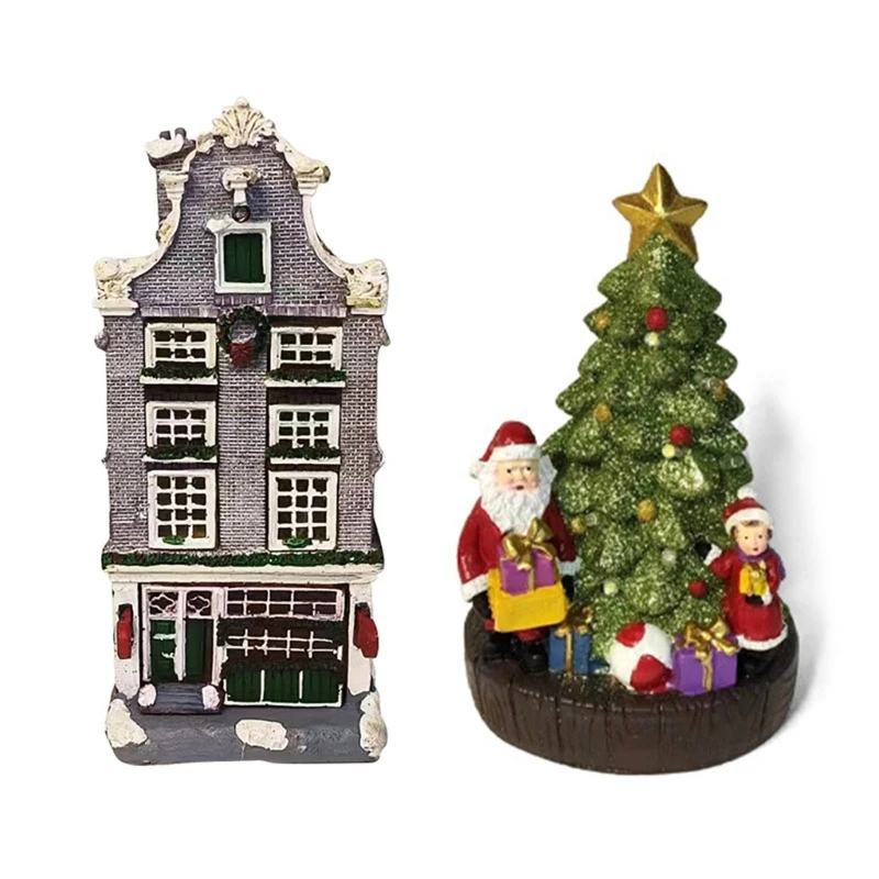 

Christmas LED Lighted House Statue Desktop Home Resin Crafts SantaXmas Gift