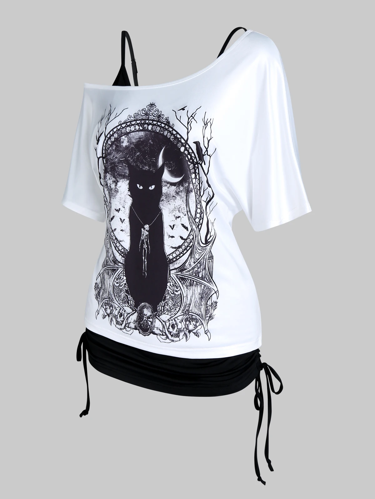 Gothic Solid Color Cinched Tank Top and Mirror Skew Neck Cat Print T Shirt Two Piece Top