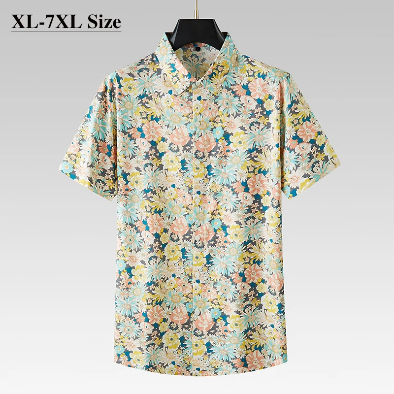 

Гавайская рубашка мужская с цветочным принтом, тонкая мягкая Повседневная пляжная блуза с коротким рукавом, из 100% хлопка, большие размеры 5XL 6XL 7XL, на лето