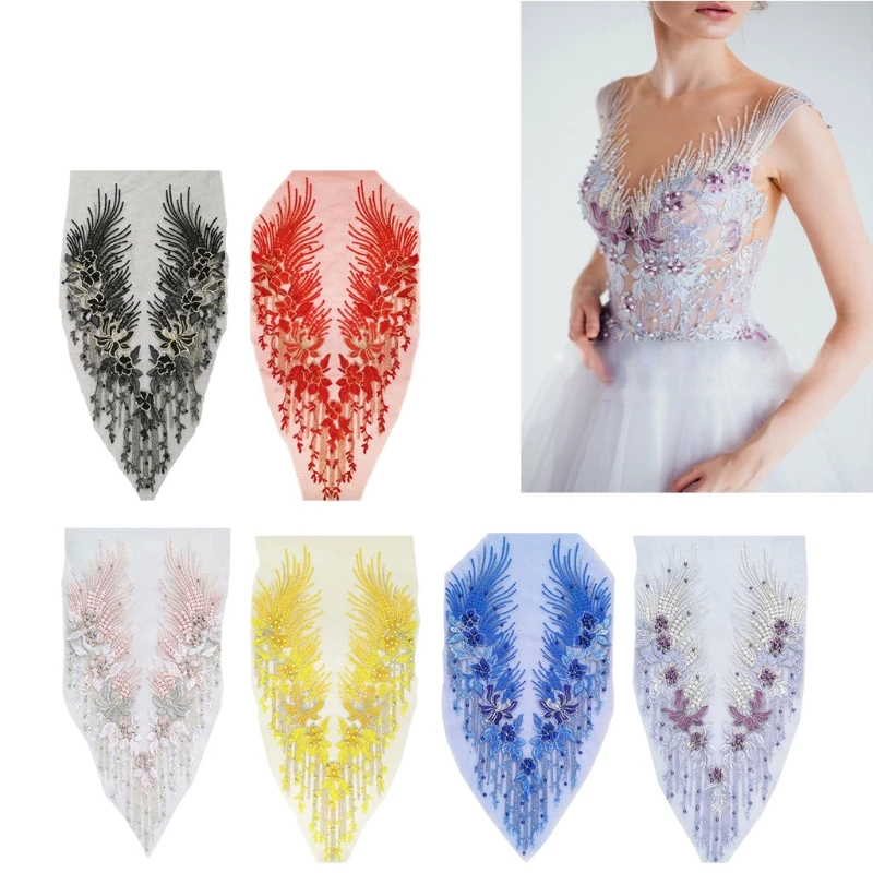 

H9ED Lace Applique 3D Beaded Embroidered Floral for rhinestone For Wedding Gown Dress DIY