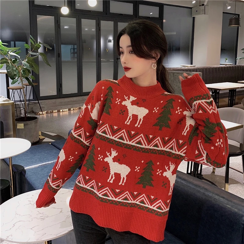 

Retro Women's Pullovers Winter 2022 Cashmere Christmas Sweaters Fashion Long Sleeve Loose Fit Korean Jumpers O-Neck Clothing