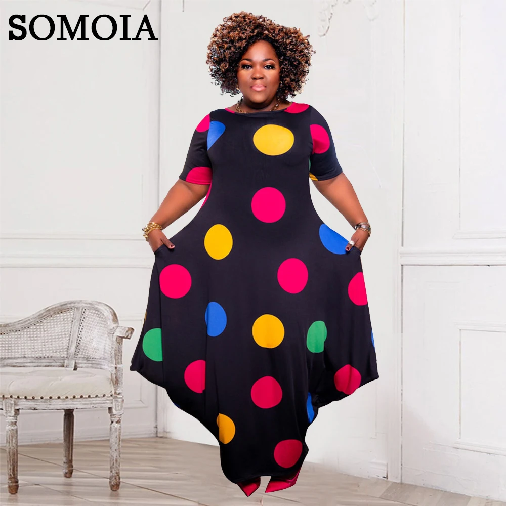 

SOMOIA Plus Size Women Clothing L-4XL Elegant Round Neck Short Sleeves Printed Loose Fashion Long Dress Wholesale Dropshipping