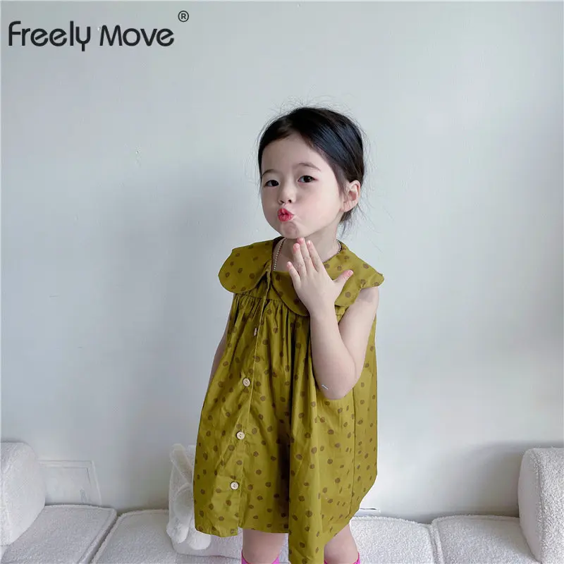 

Summer Toddler Girl Dress Sleeveless Cute Kids Beach Dress Dot Lapel Button Dresses for Girls Fashion Girls Clothing