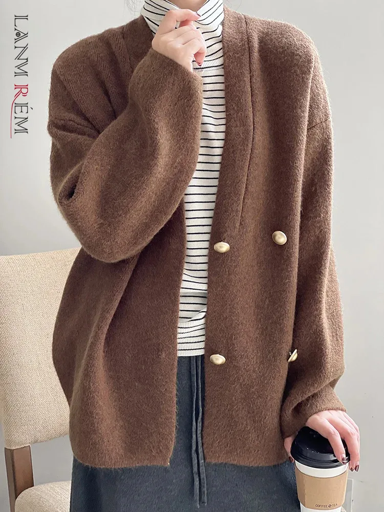 

[LANMREM] Korean Style Knitting Cardigan Sweater For Women V Neck Long Sleeve Casual Warm Tops Female 2023 Winter New 26D6484